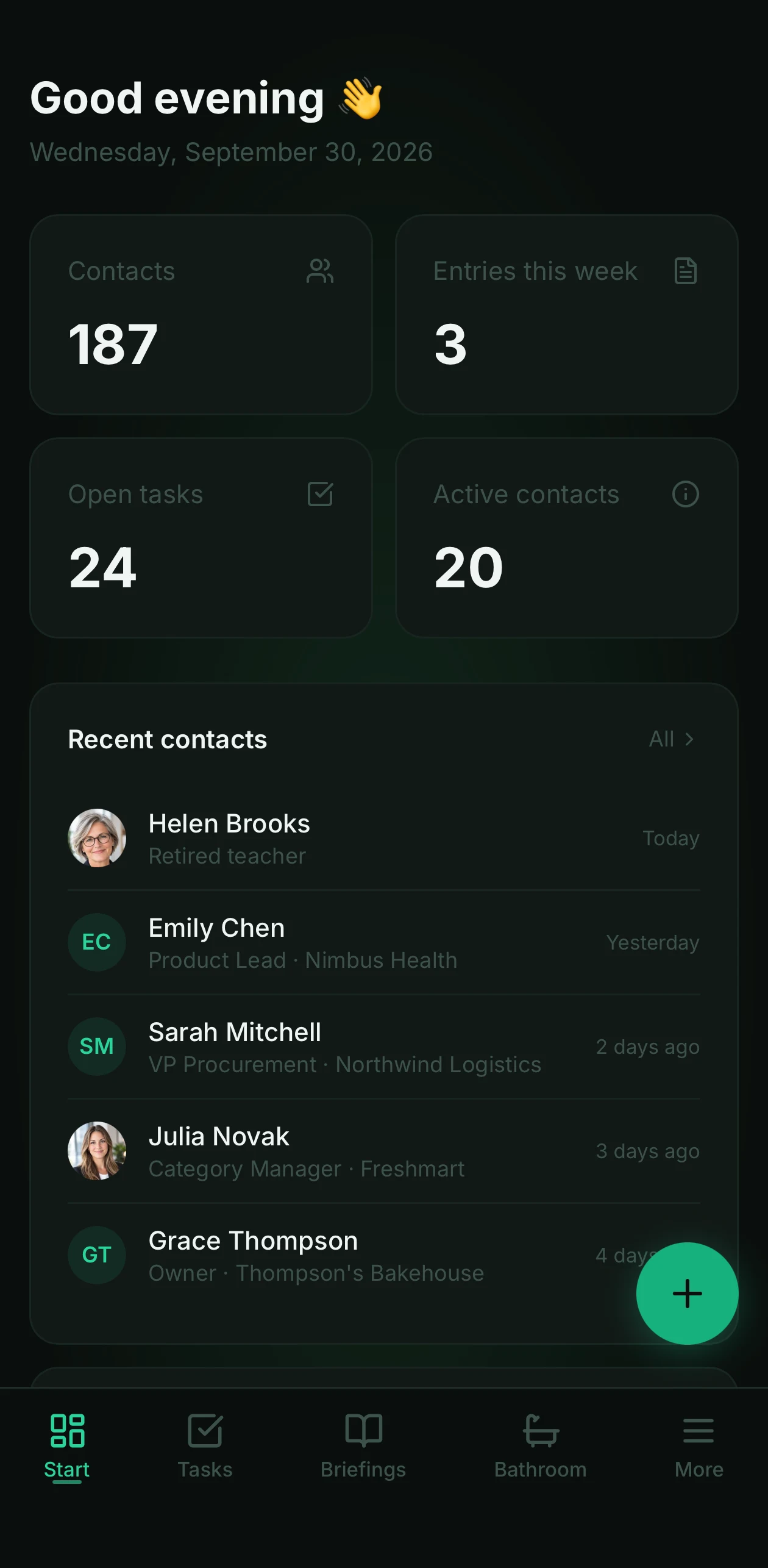 MyBrivio dashboard with contacts, open tasks and recent contacts