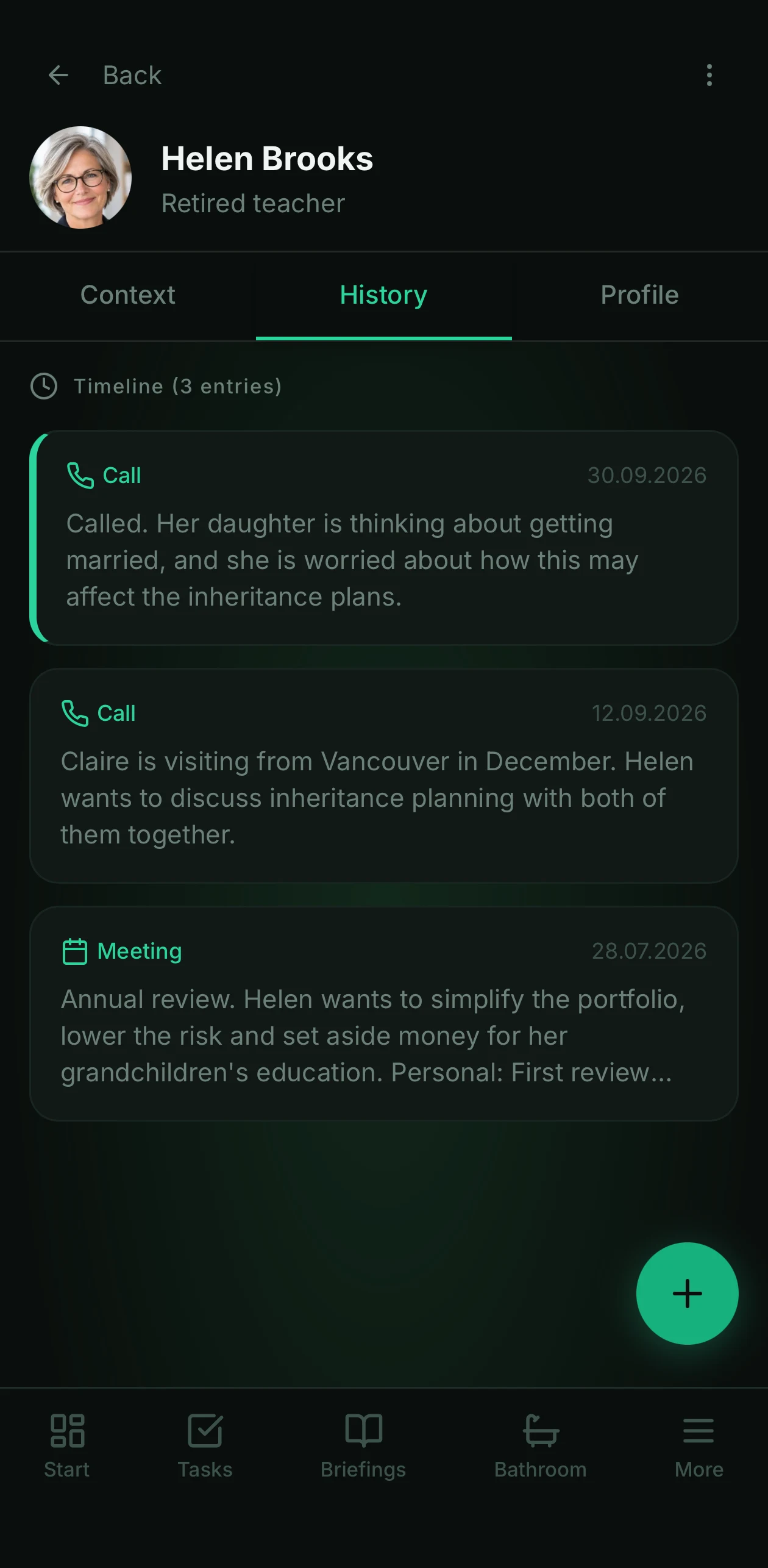 Timeline of calls and meetings for one contact