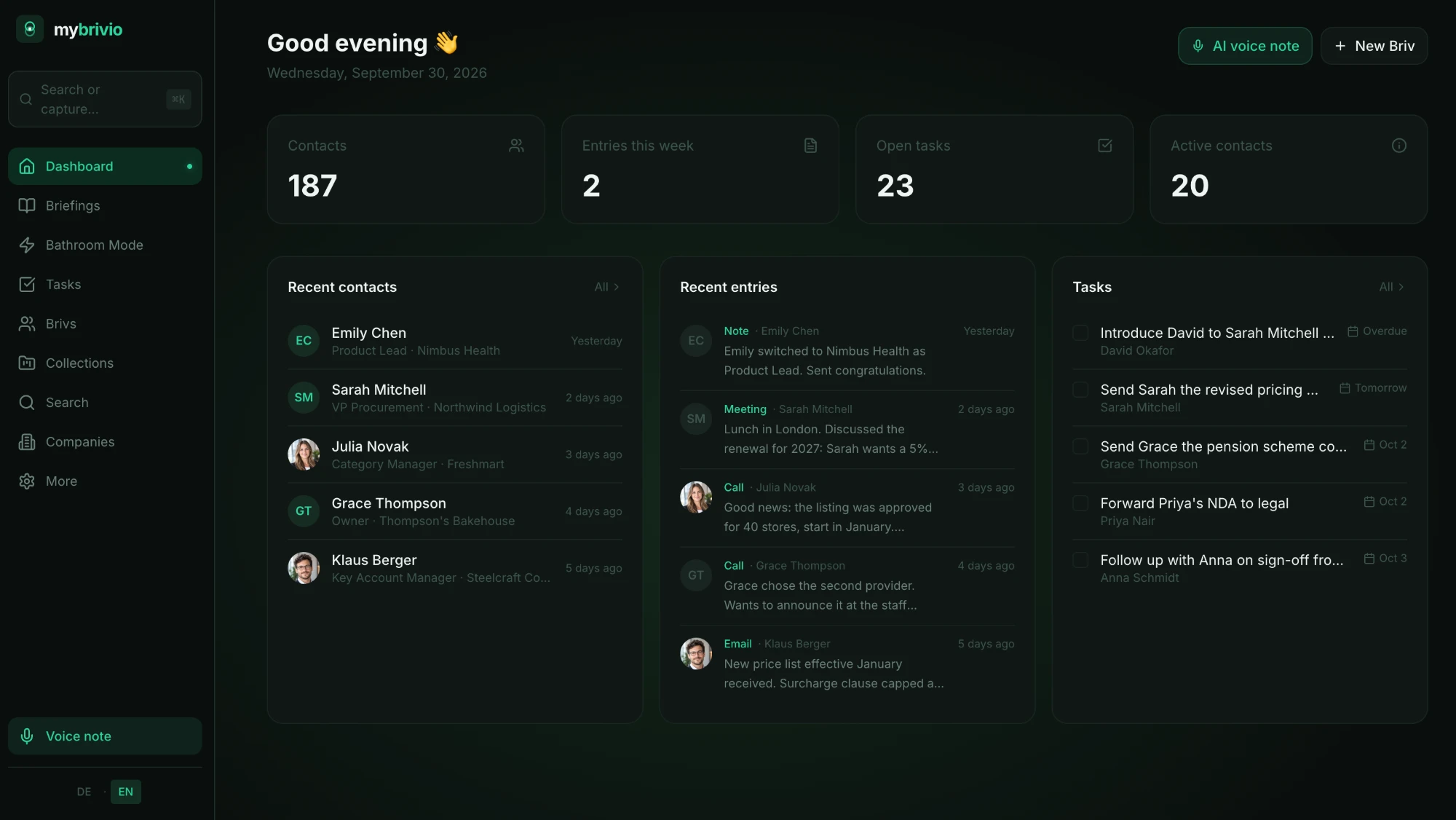 MyBrivio in the browser on a laptop: dashboard with recent contacts, recent entries and open tasks